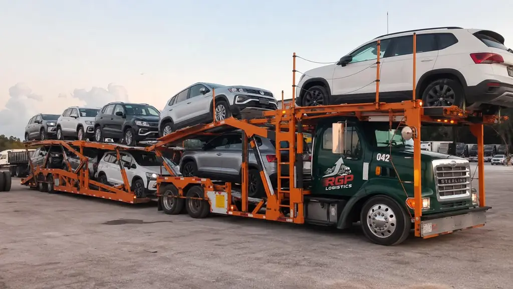 Nodriza de RGP Logistics cargada con varias SUVs nuevas al atardecer