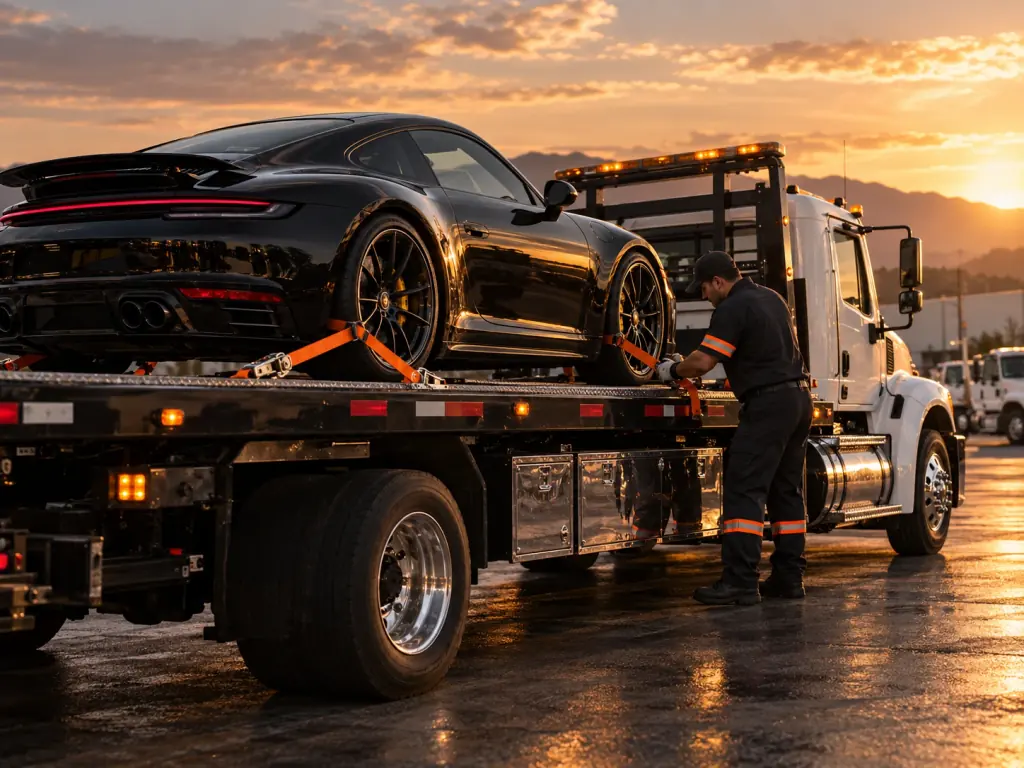 Operador asegurando con correas un auto deportivo negro sobre una grúa de plataforma al atardecer
