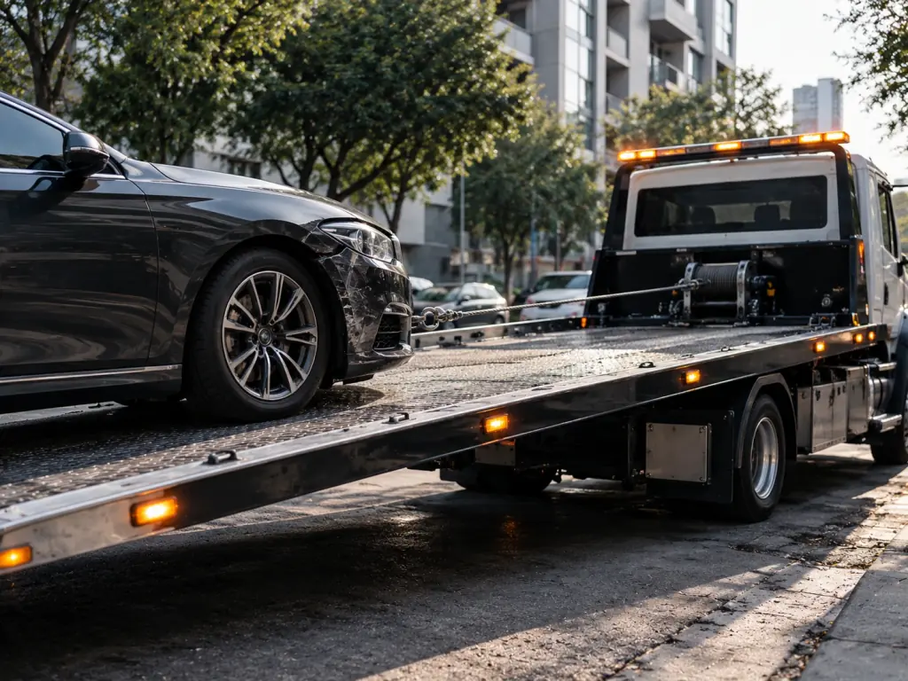 Auto con daño en la defensa delantera siendo subido con malacate a una grúa de plataforma
